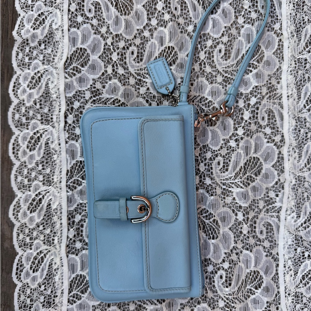 Coach Blue Leather Clutch with Silver Hardware